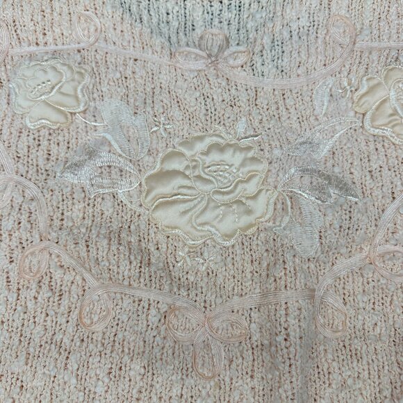 Vintage Peach Short Sleeve Sweater 1980s Yarnworks Floral Applique Large Taiwan - Picture 5 of 6